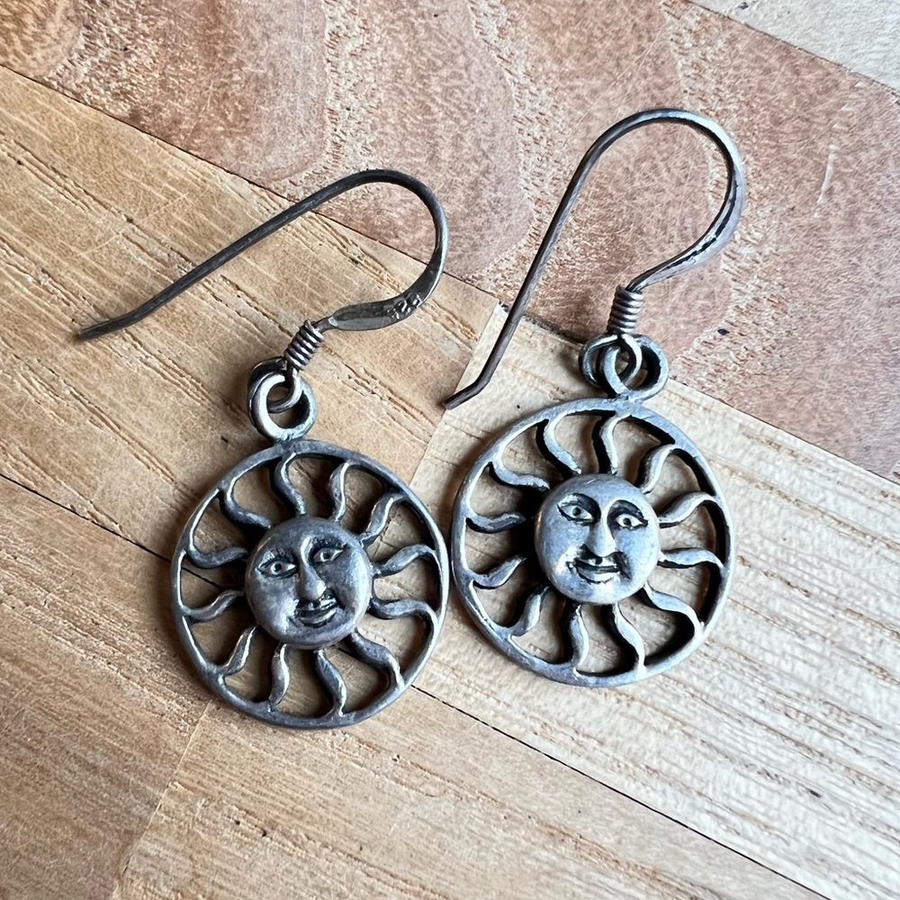 Vintage 925 Sterling silver celestial sun dangle drop earrings